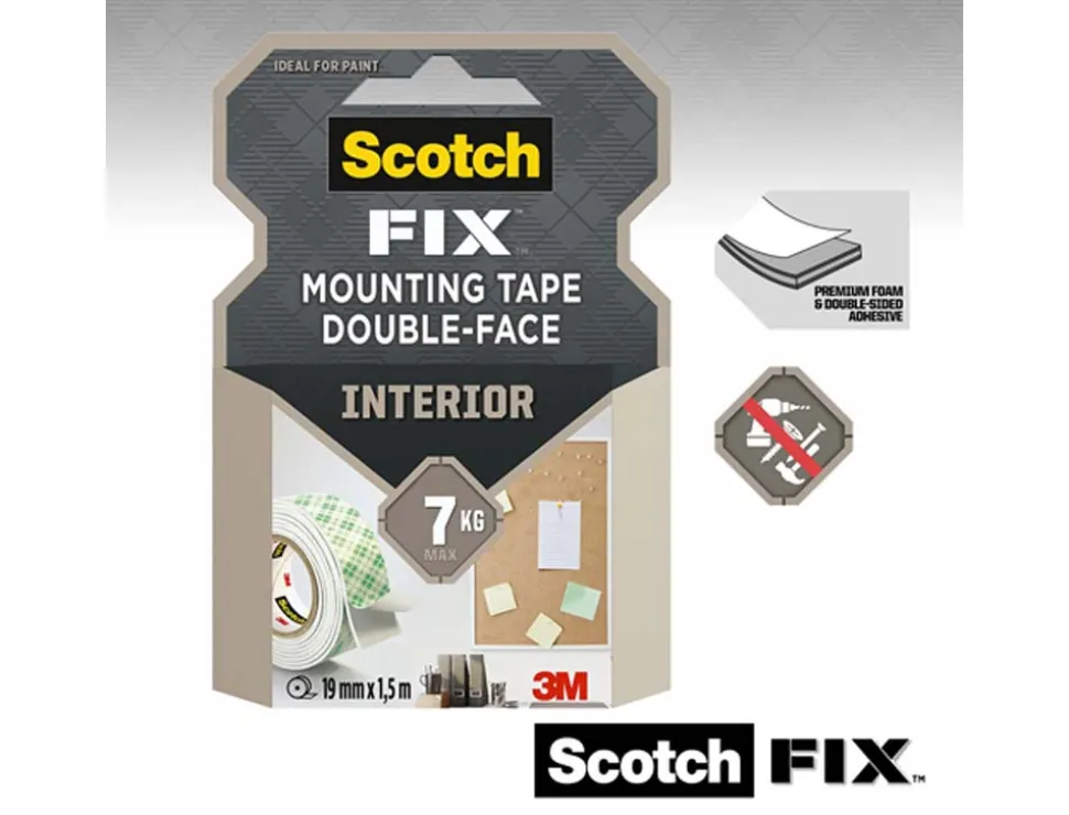 Adhésif fixation scotch fix mousse double-face application intérieure prêt usage épaisseur 1.6mm ruban 19mmx1.5m