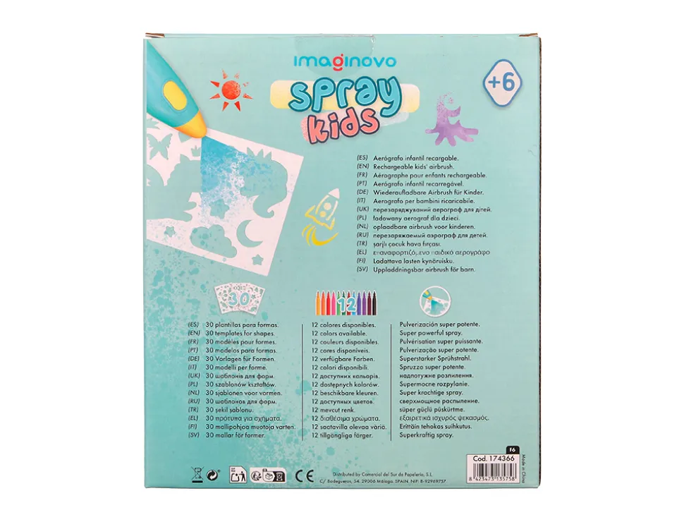 Aerographe imaginovo pour enfants rechargeable avec usb contenant 30 pochoirs et 12 marqueurs coloris assortis