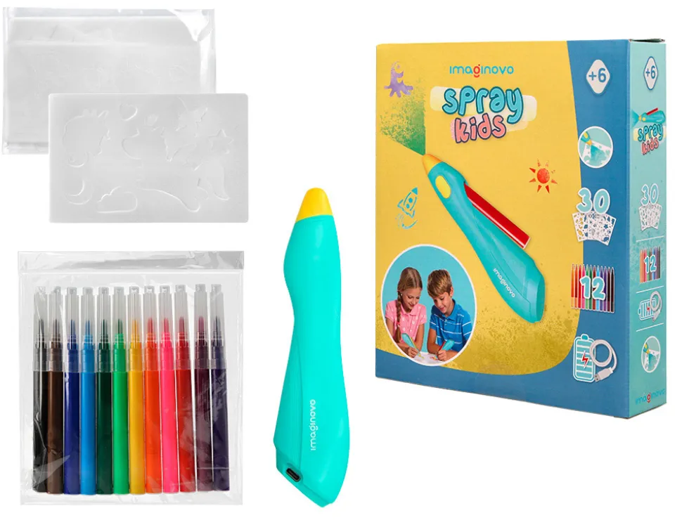 Aerographe imaginovo pour enfants rechargeable avec usb contenant 30 pochoirs et 12 marqueurs coloris assortis