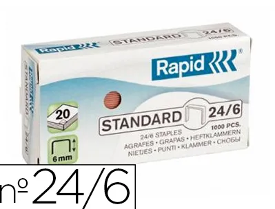 Agrafe rapid standard 24/6 cuivrée fil souple confort capacité agrafage 20f boîte 1000 unités