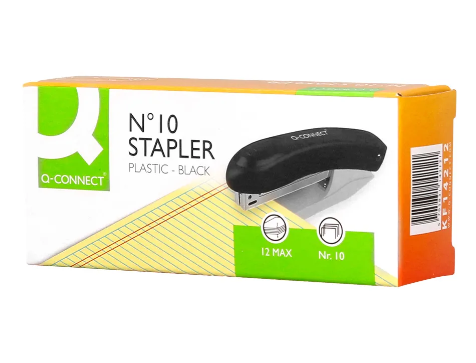 Agrafeuse bureau q-connect kf14212 plastique capacite 10 feuilles agrafes nº10 coloris noir
