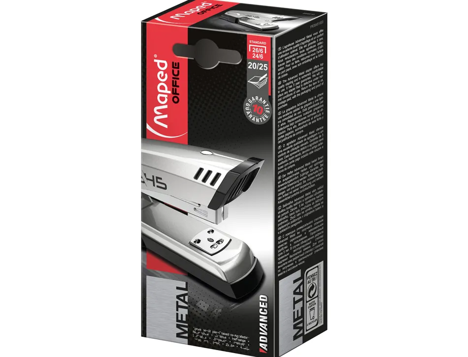 Agrafeuse maped advanced metal half strip profondeur 52mm capacité magasin 100 agrafes 24/6 140 agrafes 26/6 gris clair