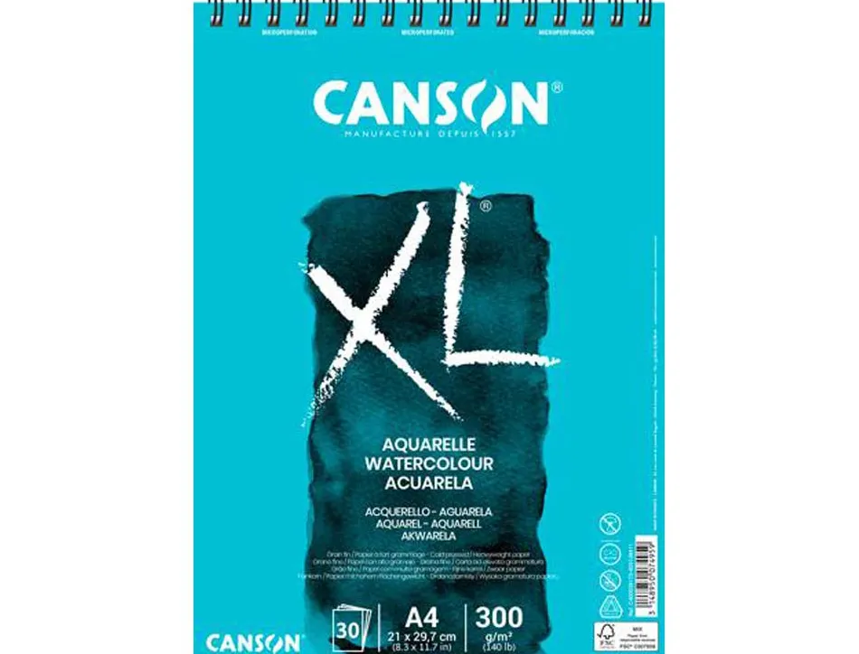 Album canson xl aquarelle a spirale papier grain fin blanc 300g a4 21x29,7cm 30f