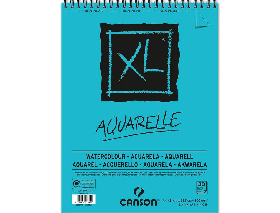 Album canson xl aquarelle a spirale papier grain fin blanc 300g a4 21x29,7cm 30f