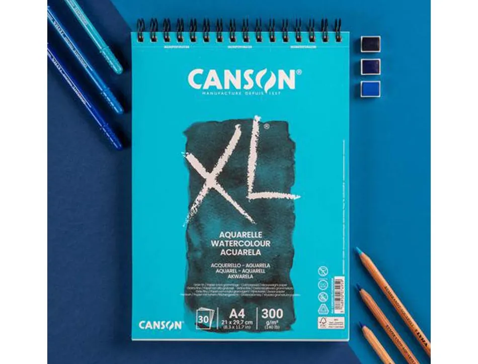 Album canson xl aquarelle a spirale papier grain fin blanc 300g a4 21x29,7cm 30f
