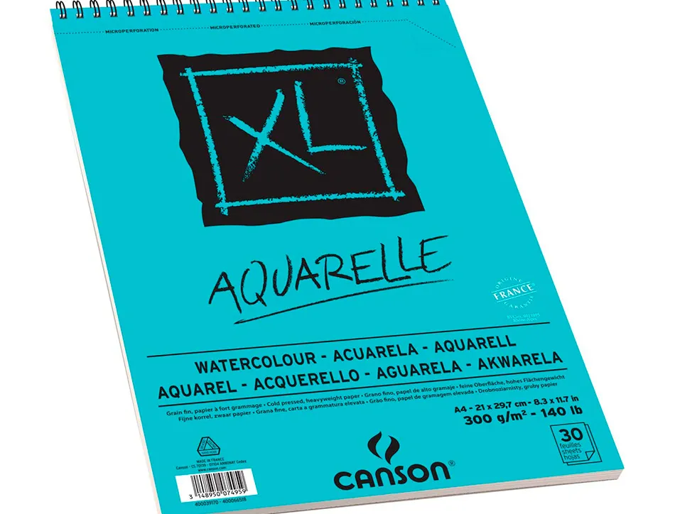 Album canson xl aquarelle a spirale papier grain fin blanc 300g a4 21x29,7cm 30f