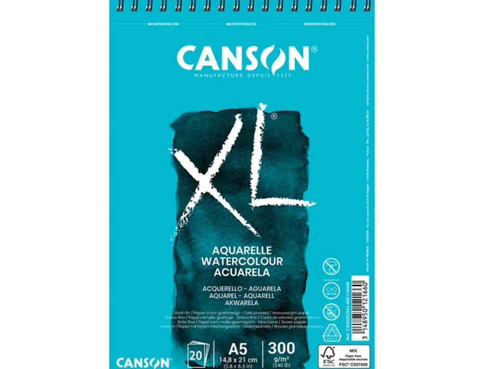 Album canson xl aquarelle a spirale papier grain fin blanc 300g a5 14,8x21cm 20f