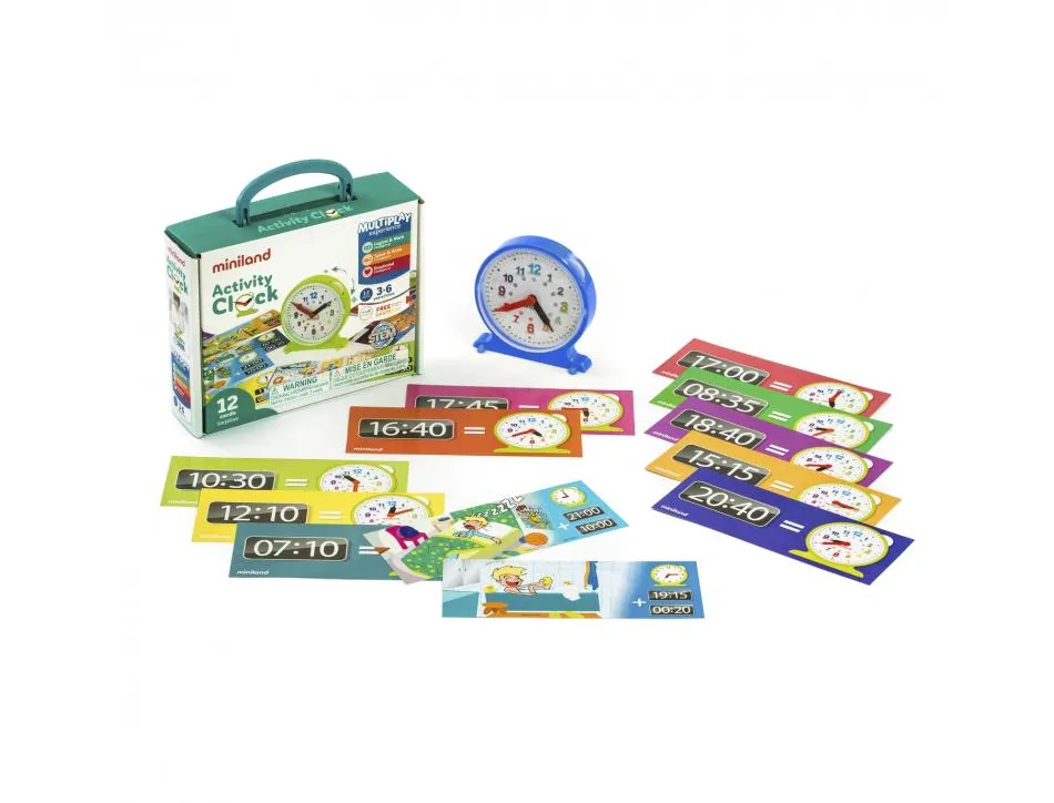 Apprentissage de l ehure et minutes miniland j apprends l heure 1 horloge 11 cm et 12 fiches d activites