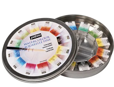 Aquarelle pébéo 1 pinceau aquarelle boîte en métal ronde 12 demi-godets