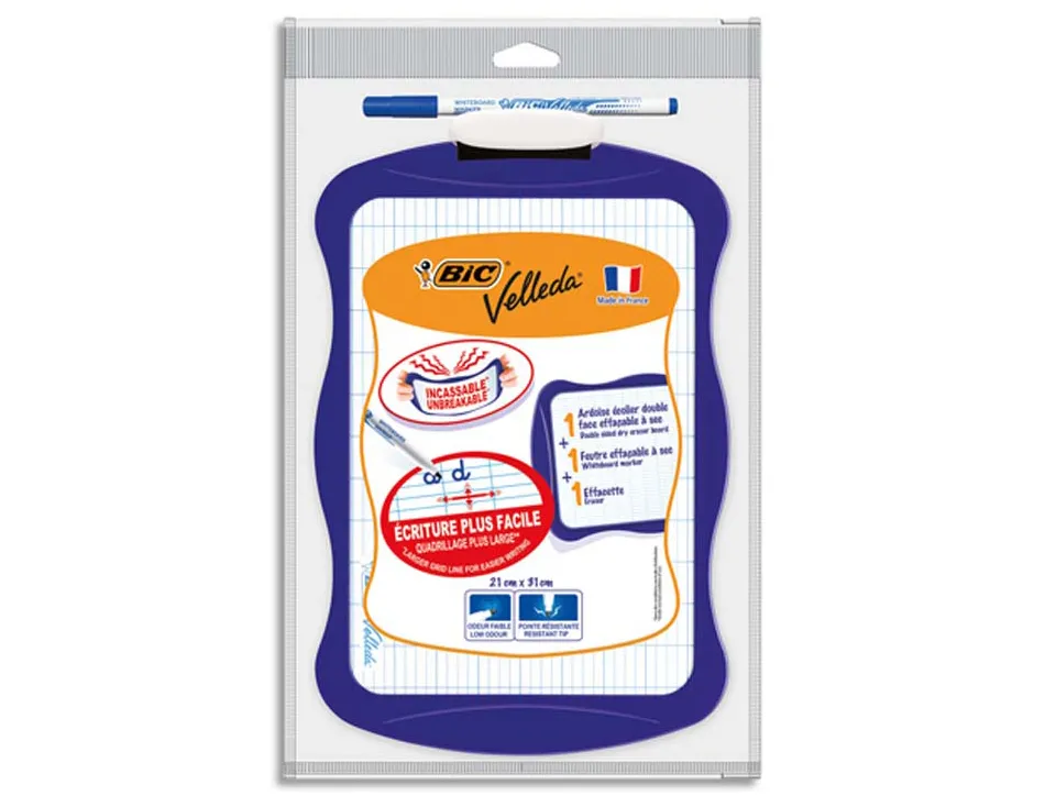 Ardoise blanche bic velleda kids ergonomique 200x300mm 1 face unie 1 face quadrillée 1 feutre velleda 1721 1 effacette