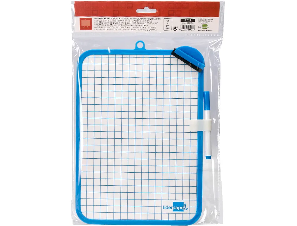 Ardoise scolaire liderpapel 18x26cm double face unie et quadrillee avec feutre et effacette magnetique coloris