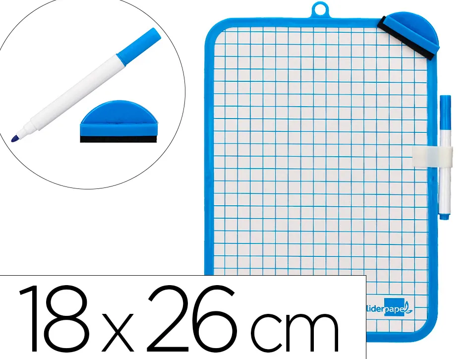 Ardoise scolaire liderpapel 18x26cm double face unie et quadrillee avec feutre et effacette magnetique coloris