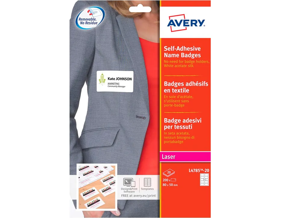 Badge adhesif avery soie d'acetate sans pvc predecoupe impression laser 80x50mm coloris blanc pochette 200