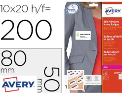 Badge adhesif avery soie d'acetate sans pvc predecoupe impression laser 80x50mm coloris blanc pochette 200