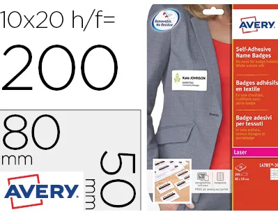 Badge adhesif avery soie d'acetate sans pvc predecoupe impression laser 80x50mm coloris blanc pochette 200