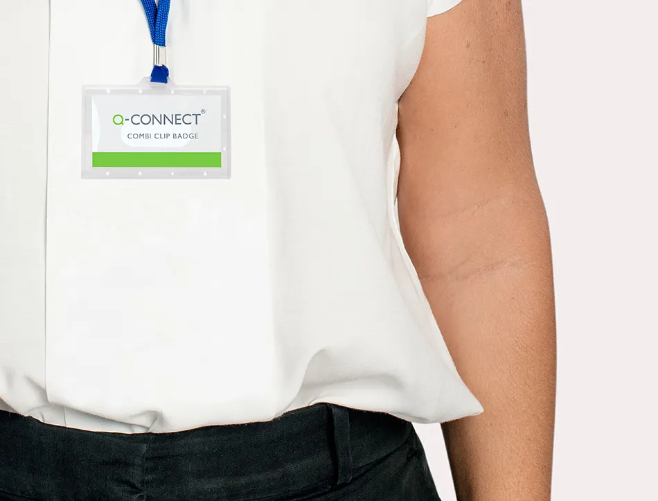Badge q-connect lacet plastique rigide congrès foires entreprises intérieur carte blanche cordon 94x60 mm