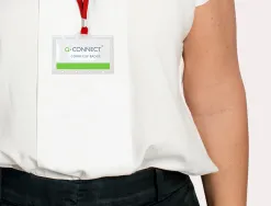 Badge q-connect lacet rouge plastique rigide congrès foires entreprises intérieur carte blanche rouge 94x60mm