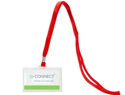 Badge q-connect lacet rouge plastique rigide congrès foires entreprises intérieur carte blanche rouge 94x60mm