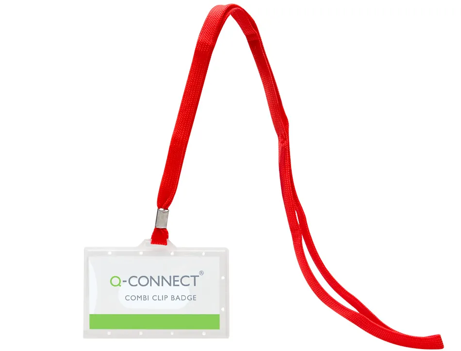 Badge q-connect lacet rouge plastique rigide congrès foires entreprises intérieur carte blanche rouge 94x60mm