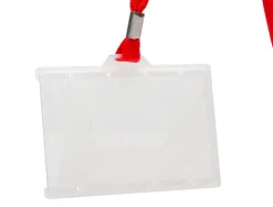 Badge q-connect lacet rouge plastique rigide congrès foires entreprises intérieur carte blanche rouge 94x60mm
