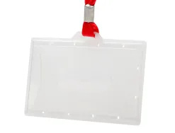 Badge q-connect lacet rouge plastique rigide congrès foires entreprises intérieur carte blanche rouge 94x60mm