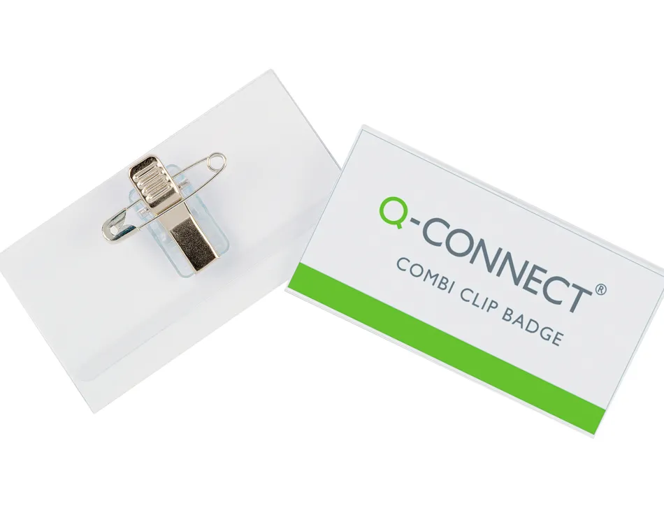 Badge q-connect pvc rigide transparent pince ou épingle format 54x90mm carte visite