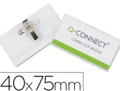 Badge q-connect pvc rigide transparent pince ou épingle format 40x75mm carte visite