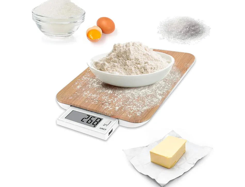Balance 10kg/1g slide bambou avec batterie rechargeable et remplaçable