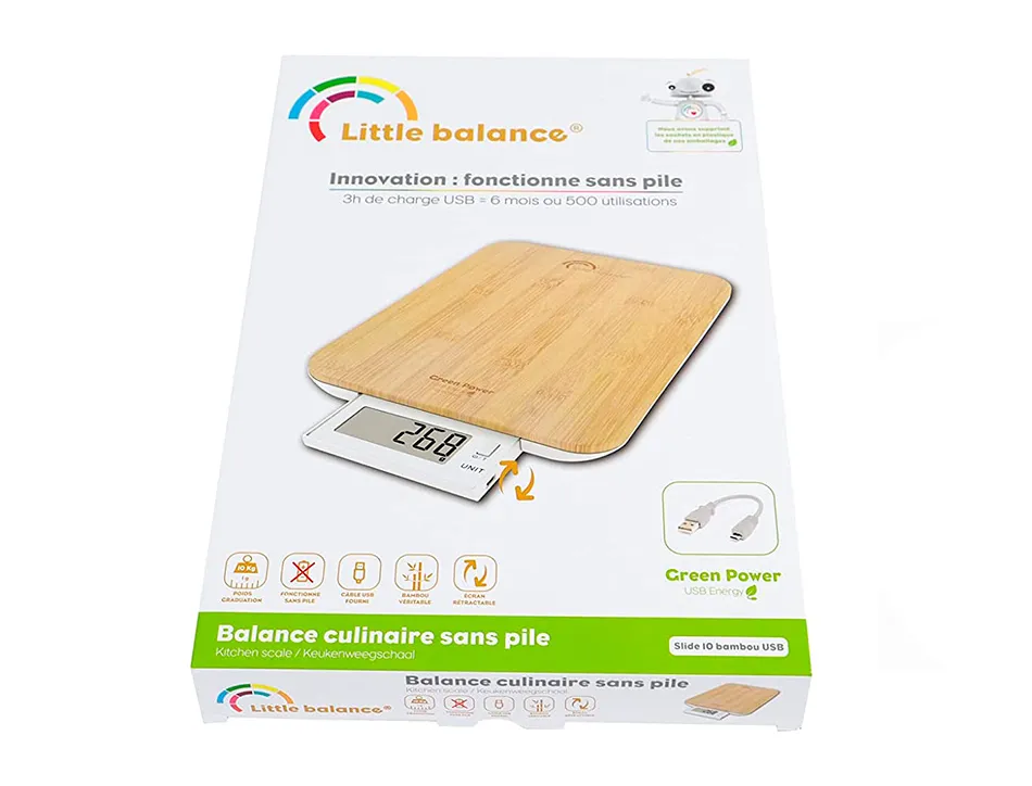 Balance 10kg/1g slide bambou avec batterie rechargeable et remplaçable