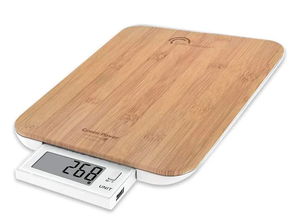 Balance 10kg/1g slide bambou avec batterie rechargeable et remplaçable