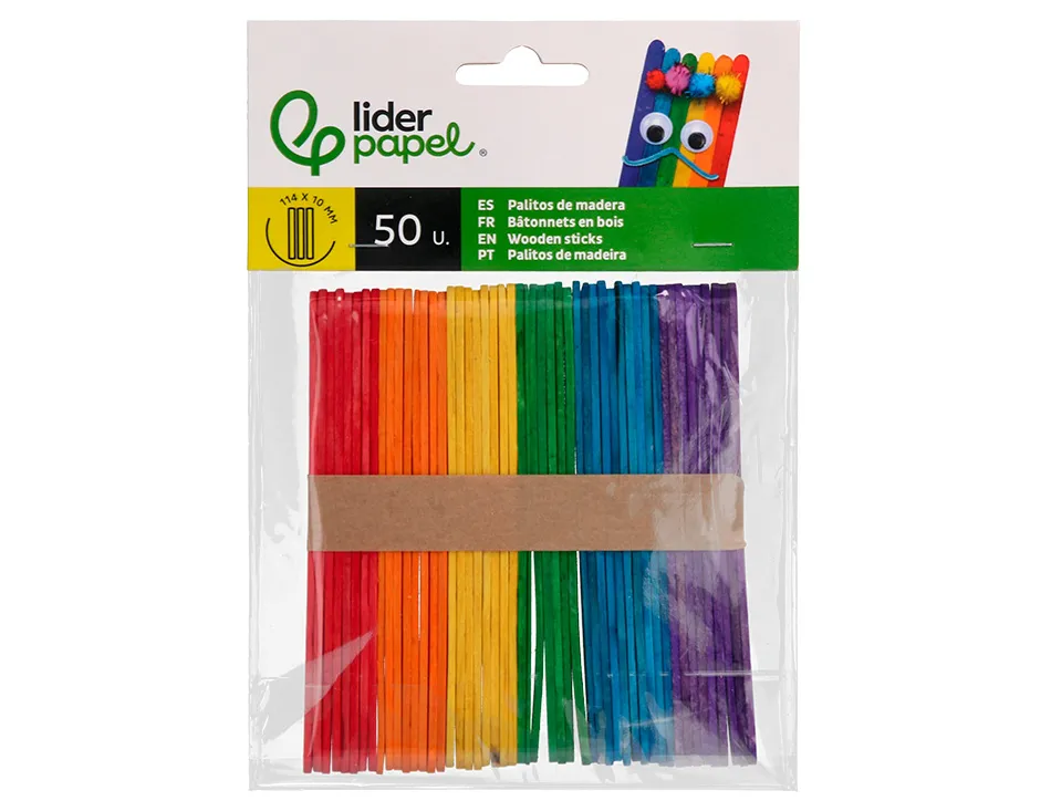 Batonnets liderpapel bois dim. 11,4x1cm coloris assortis sachet 50 unites
