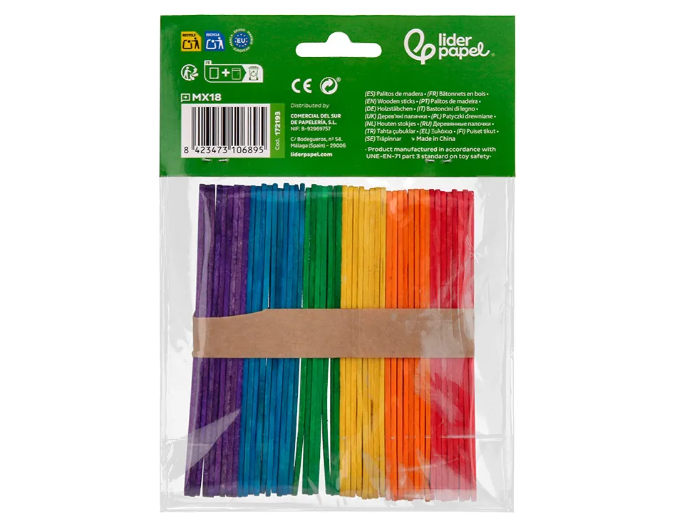 Batonnets liderpapel bois dim. 11,4x1cm coloris assortis sachet 50 unites