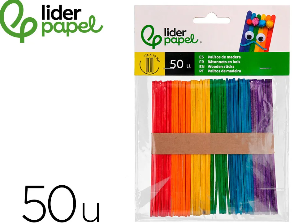 Batonnets liderpapel bois dim. 11,4x1cm coloris assortis sachet 50 unites