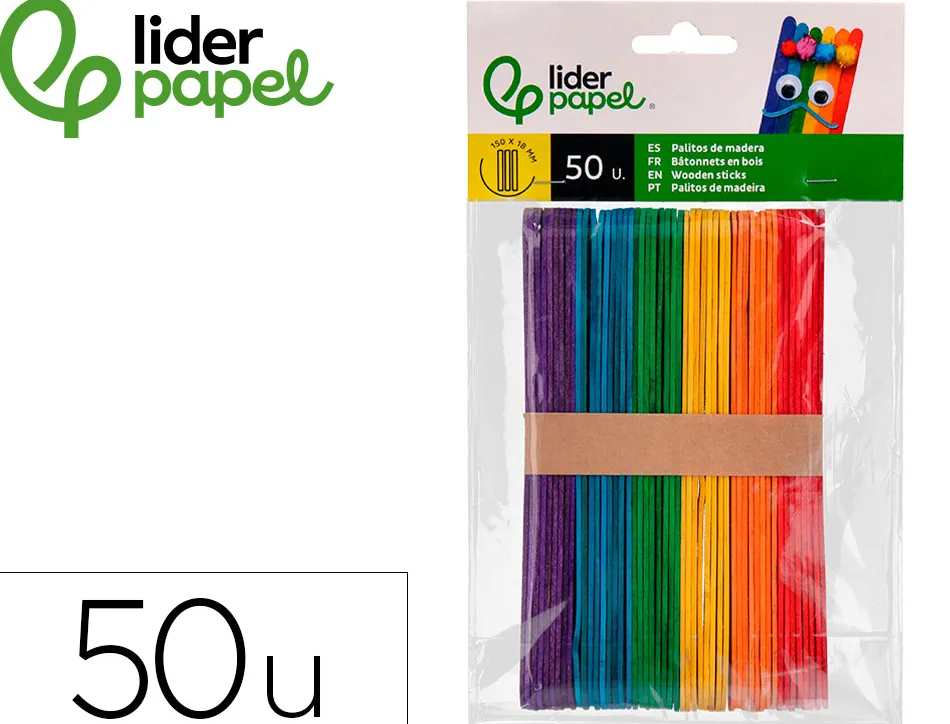 Batonnets liderpapel bois dim. 15x1,8cm coloris assortis sachet 50 unites
