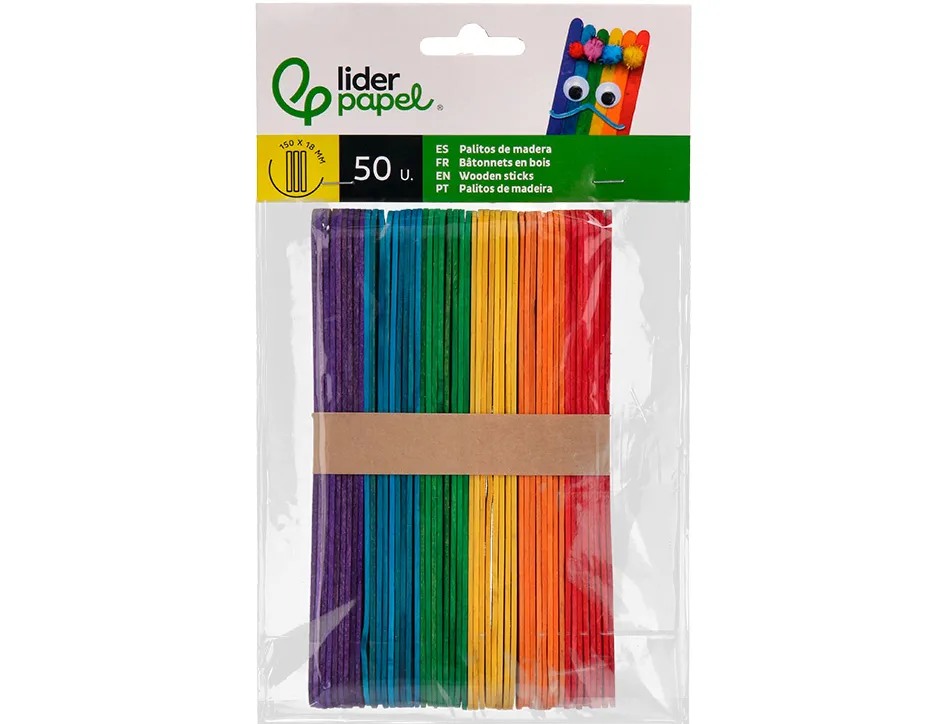 Batonnets liderpapel bois dim. 15x1,8cm coloris assortis sachet 50 unites