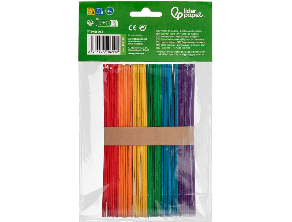 Batonnets liderpapel bois dim. 15x1,8cm coloris assortis sachet 50 unites