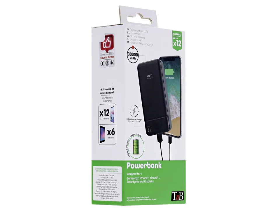 Batterie nomade t'nb 30000 mah 2 usb + 1usb-c charge rapide 10w coloris noir