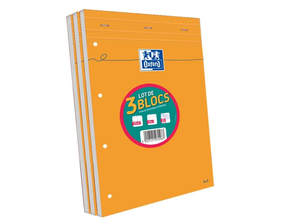 Bloc agrafé oxford perforé 21x31.5cm 160p q5x5 lot 2+1 blocs