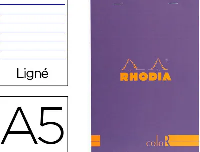 Bloc agrafé rhodia color n.16 a5 14.8x21cm couverture pelliculée violet 70f 90g ligné microperforé violet