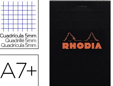 Bloc bureau rhodia a7+ papier vélin surfin couverture enduite enveloppante 85x120mm 80f détachables 80g 5x5mm noir