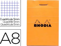 Bloc bureau rhodia a8 papier vélin surfin couverture enduite enveloppante 52x75mm 80f détachables 80g 5x5mm orange