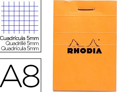 Bloc bureau rhodia a8 papier vélin surfin couverture enduite enveloppante 52x75mm 80f détachables 80g 5x5mm orange