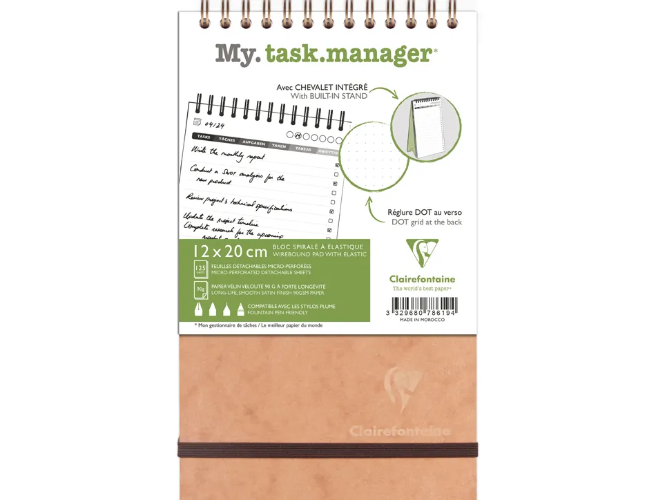 Bloc clairefontaine my task manager nomaddict reliure integrale 120x200mm 250p detachables reglure pre-imprimee tabac