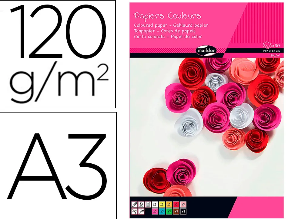 Bloc clairefontaine1er prix, 30 feuilles papier couleur 120g a3 couleurs assortis