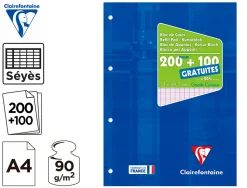 Bloc cours clairefontaine a4 21x29,7cm 200 pages encollees detachables + 100 gratuites papier veloute 90g seyes 4 trous