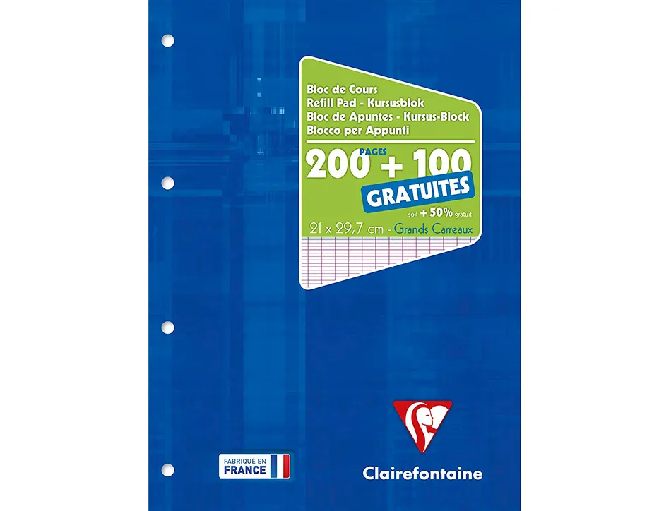 Bloc cours clairefontaine a4 21x29,7cm 200 pages encollees detachables + 100 gratuites papier veloute 90g seyes 4 trous