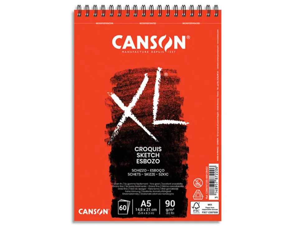 Bloc croquis canson xl spirale petit côté micro-perforations 90g a5 60f