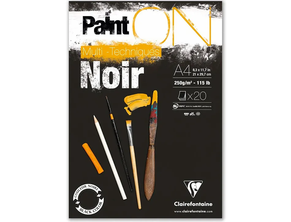 Bloc de dessin encolle clairefontaine paint'on. papier multi technique 250g noir format a4 21 x 29,7cm 20