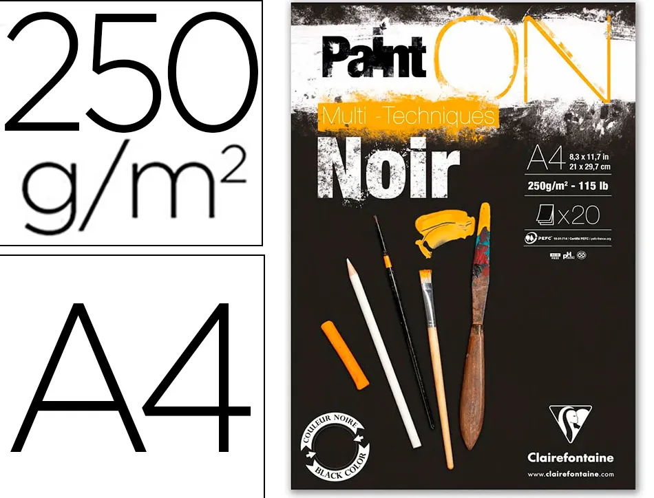 Bloc de dessin encolle clairefontaine paint'on. papier multi technique 250g noir format a4 21 x 29,7cm 20