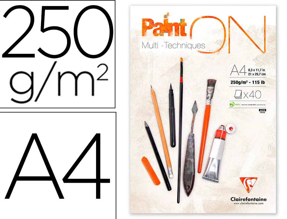 Bloc de dessin encolle clairefontaine paint'on. papier multi technique 250g extra blanc. format a4 21 x